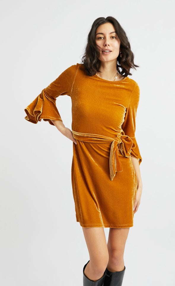 Velvet 3/4 Flare Sleeve Dress Mustard