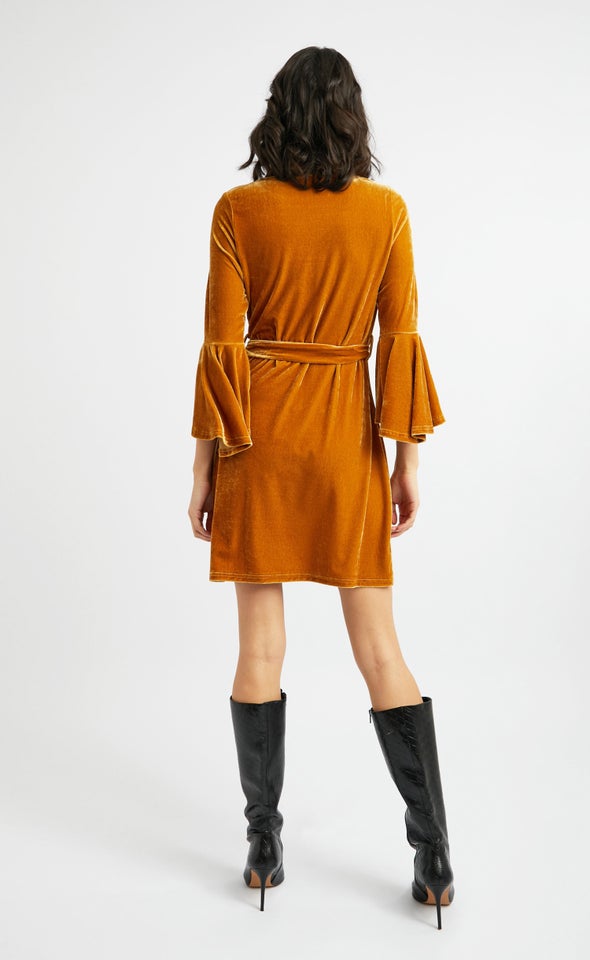 Velvet 3/4 Flare Sleeve Dress Mustard