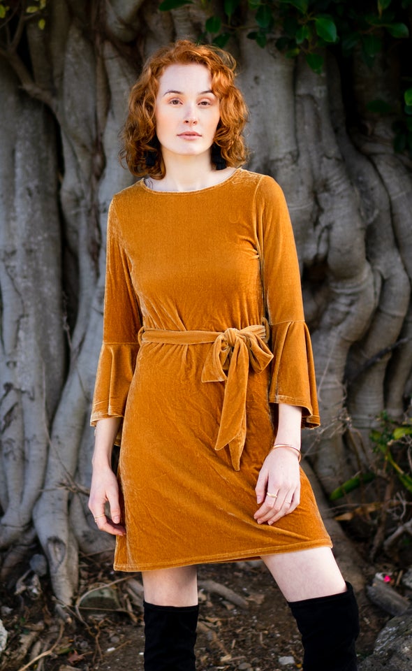Velvet 3/4 Flare Sleeve Dress Mustard