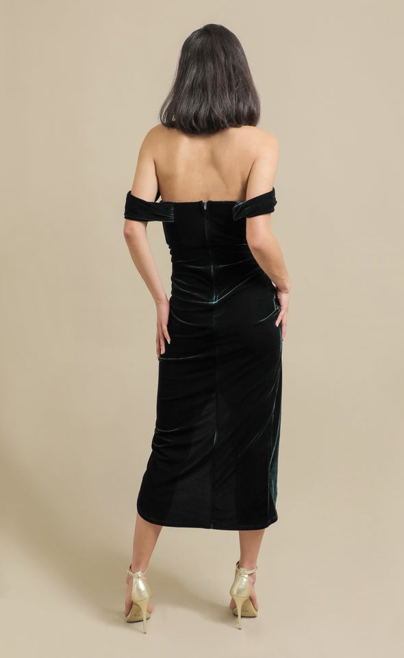 Velvet Corset Sleeve Midi Dress Emerald