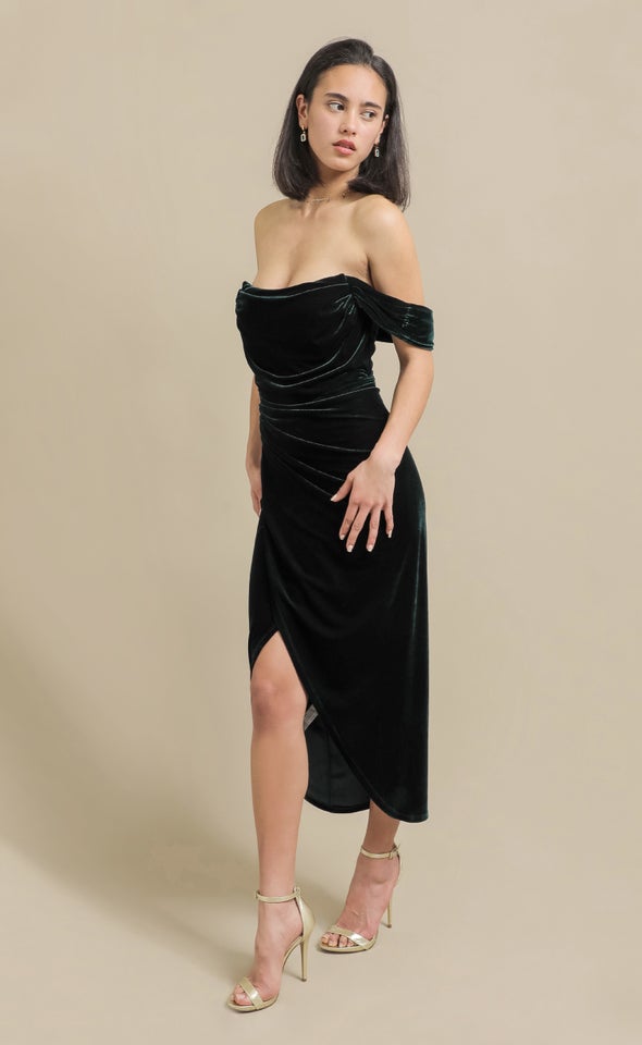 Velvet Corset Sleeve Midi Dress Emerald