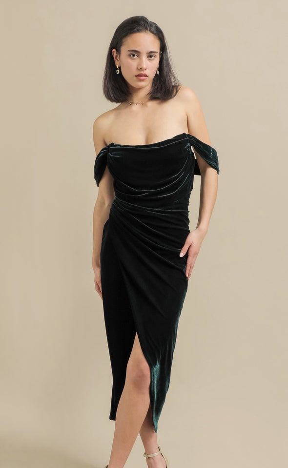 Velvet Corset Sleeve Midi Dress Emerald