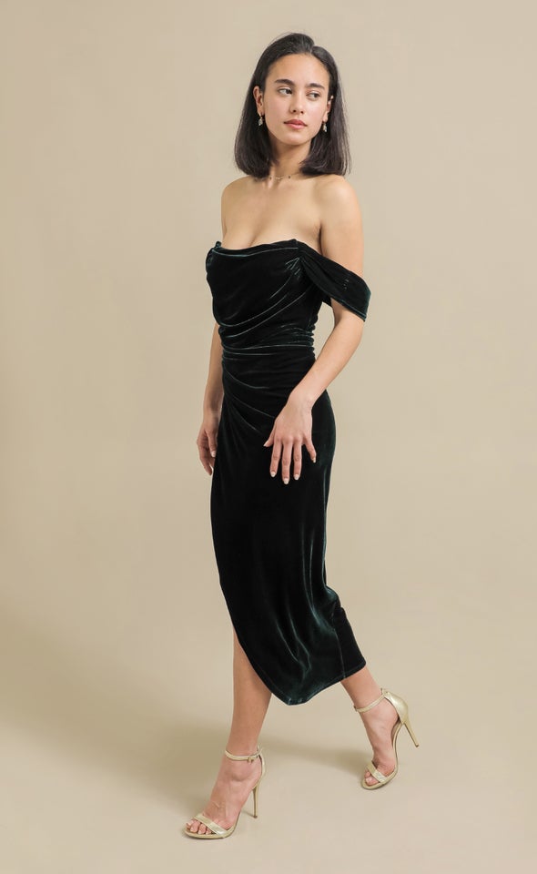 Velvet Corset Sleeve Midi Dress Emerald