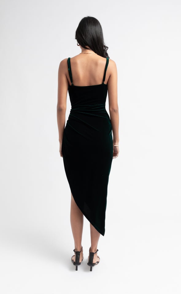 Velvet Cowl Asymmetric Dress Emerald