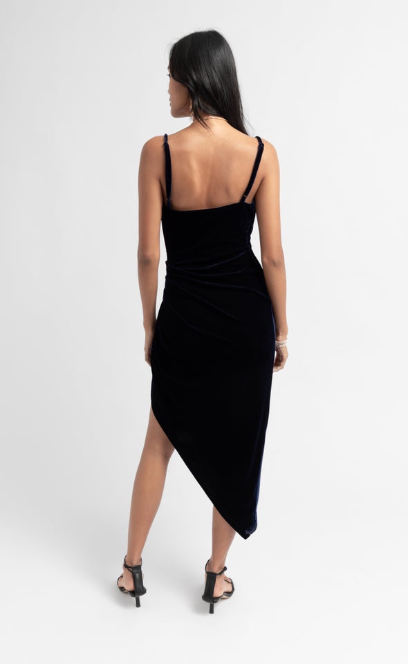 Velvet Cowl Asymmetric Dress Navy