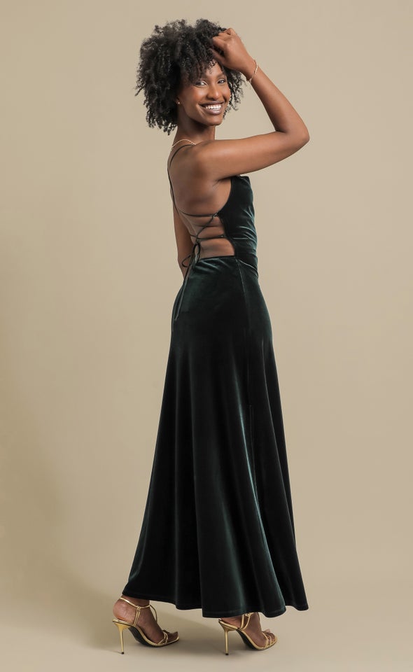Velvet Cross Back Gown Emerald