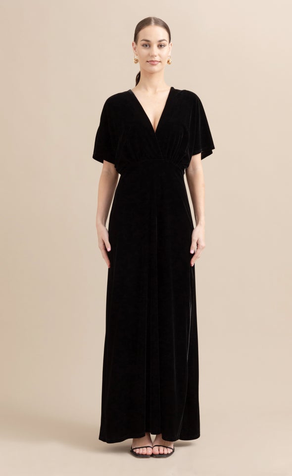 Velvet Flutter Sleeve Gown Black