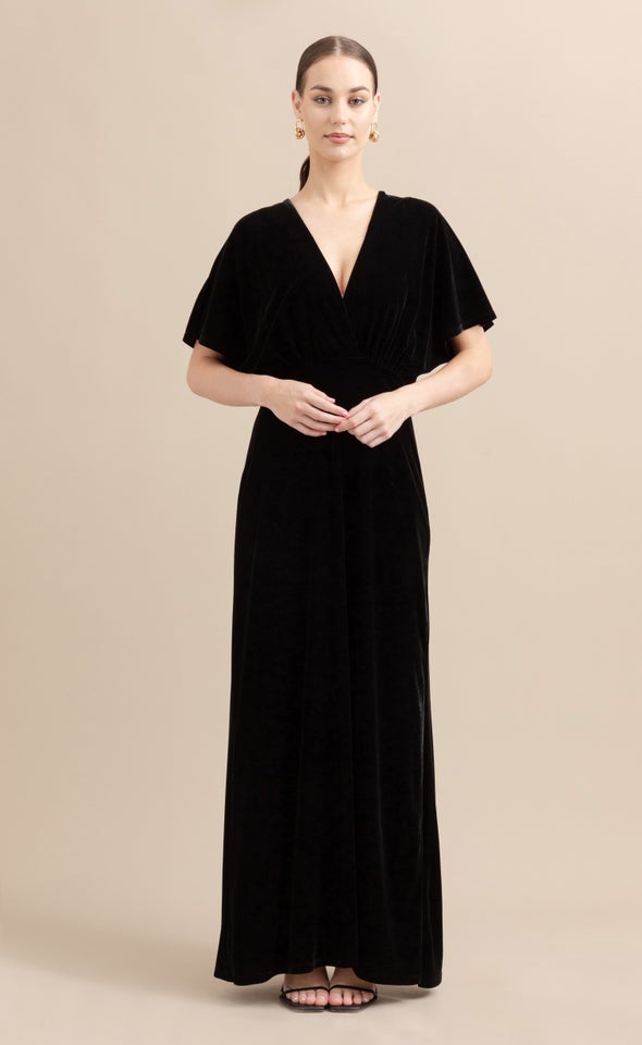 Velvet Flutter Sleeve Gown Black