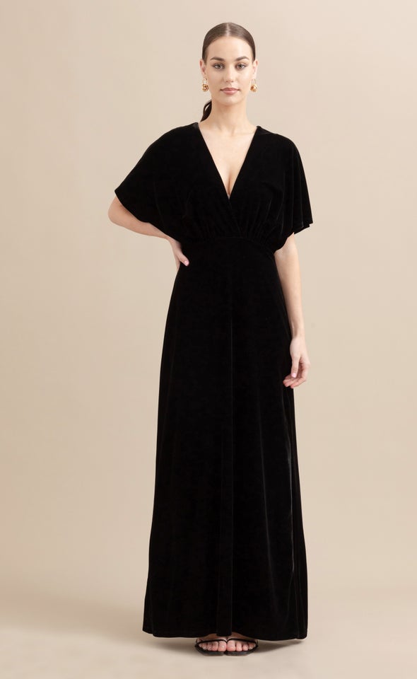 Velvet Flutter Sleeve Gown Black