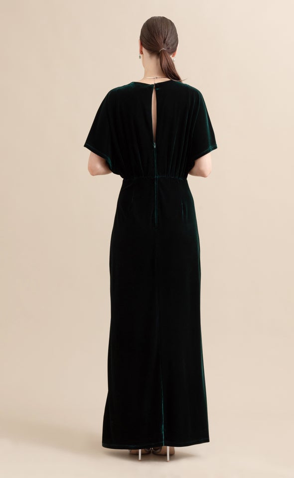 Velvet Flutter Sleeve Gown Emerald