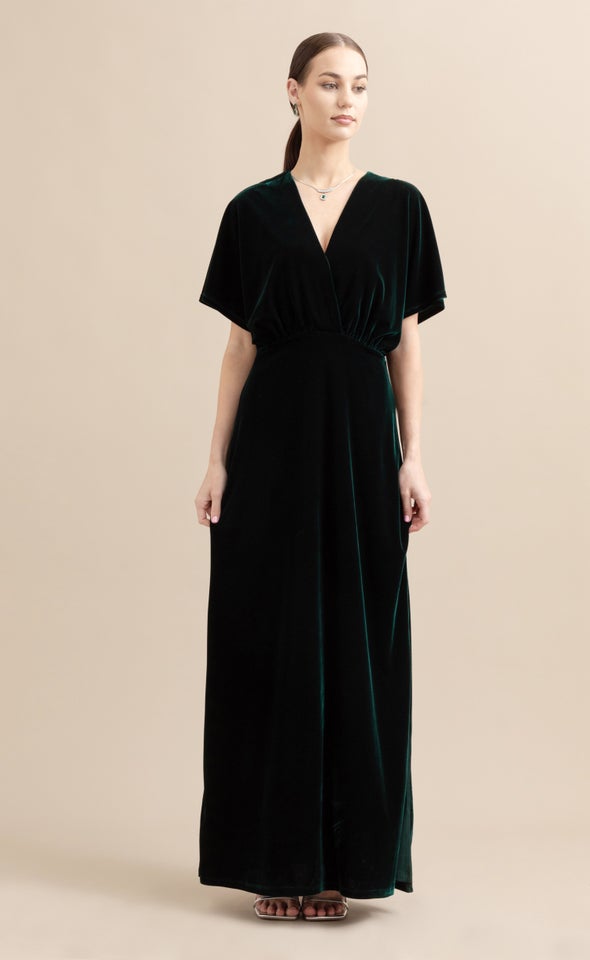 Velvet Flutter Sleeve Gown Emerald