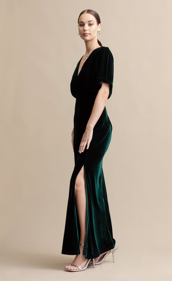 Velvet Flutter Sleeve Gown Emerald