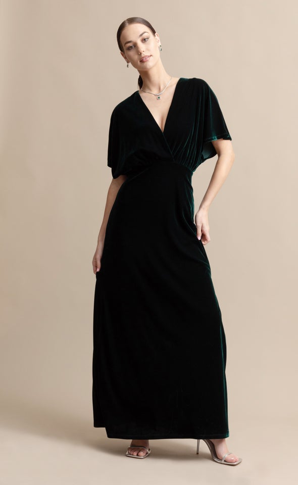 Velvet Flutter Sleeve Gown Emerald