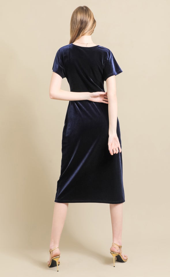 Velvet Flutter Sleeve Midi Dress Ink