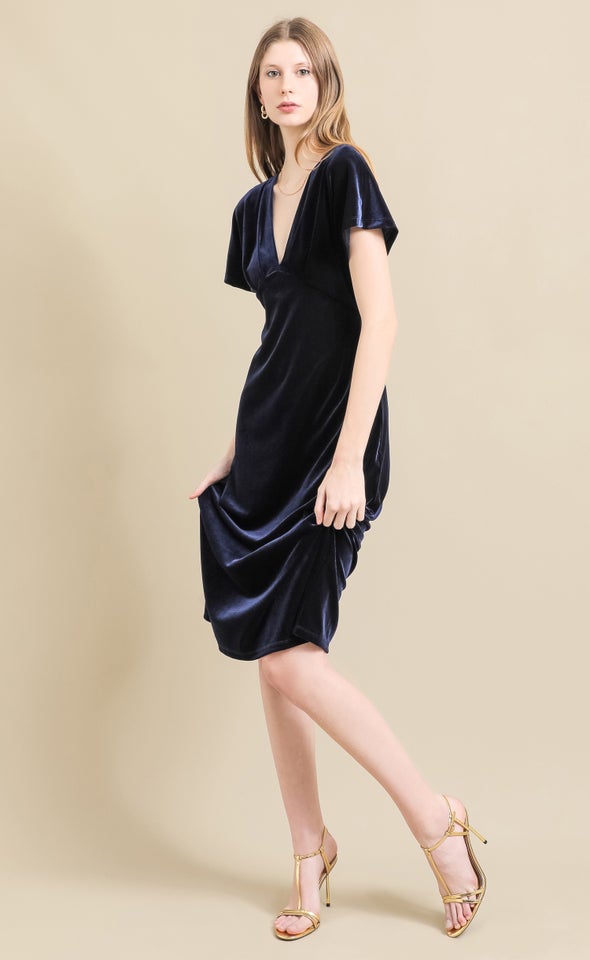 Velvet Flutter Sleeve Midi Dress Ink