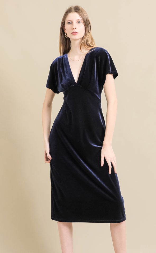 Velvet Flutter Sleeve Midi Dress Ink