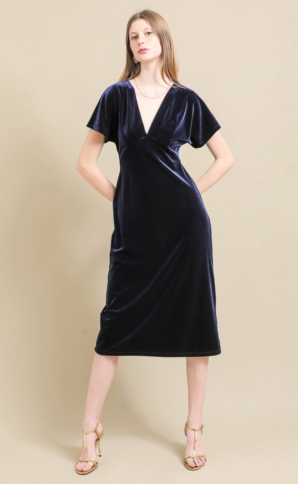 Velvet Flutter Sleeve Midi Dress Ink