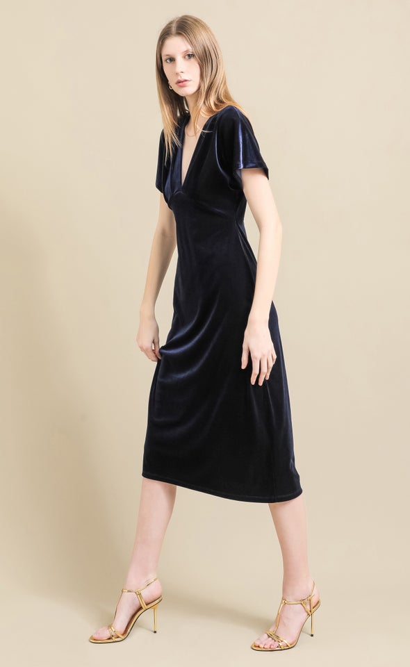 Velvet Flutter Sleeve Midi Dress Ink