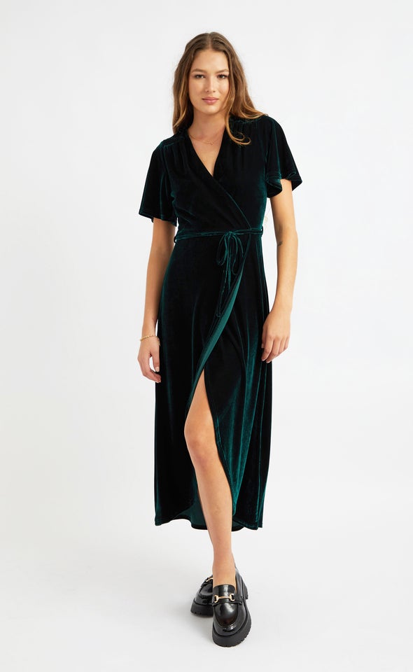 Velvet Flutter Sleeve Wrap Dress Emerald