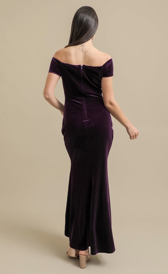 Velvet Off The Shoulder Gown Dark Purple