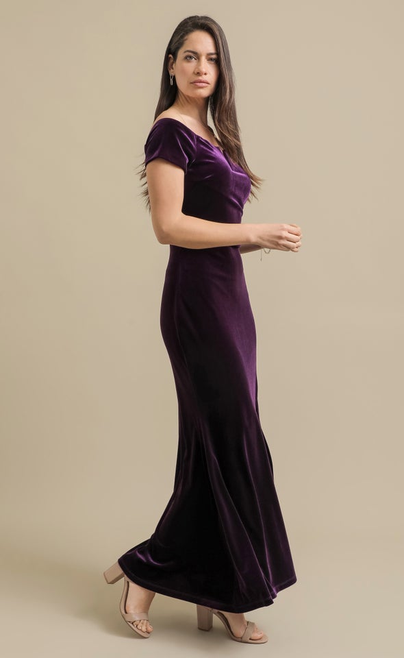 Velvet Off The Shoulder Gown Dark Purple