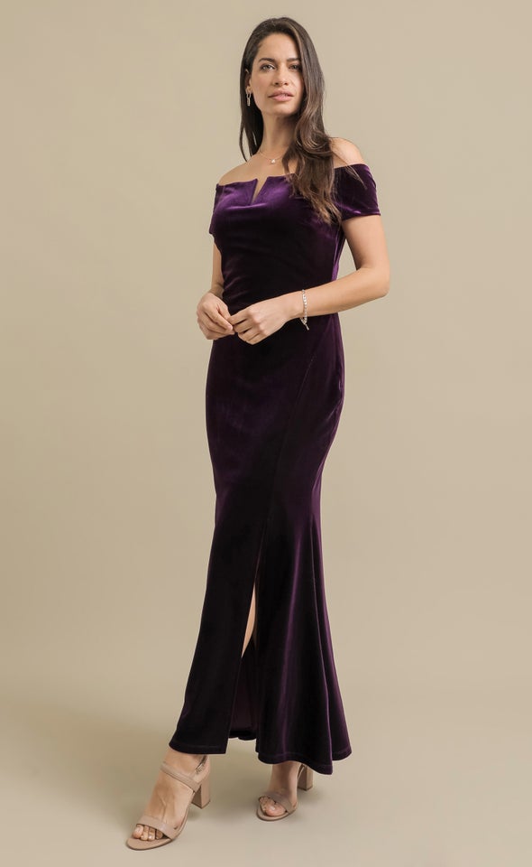 Velvet Off The Shoulder Gown Dark Purple