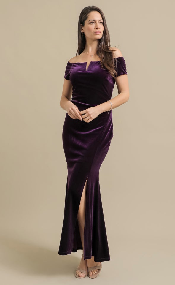 Velvet Off The Shoulder Gown Dark Purple