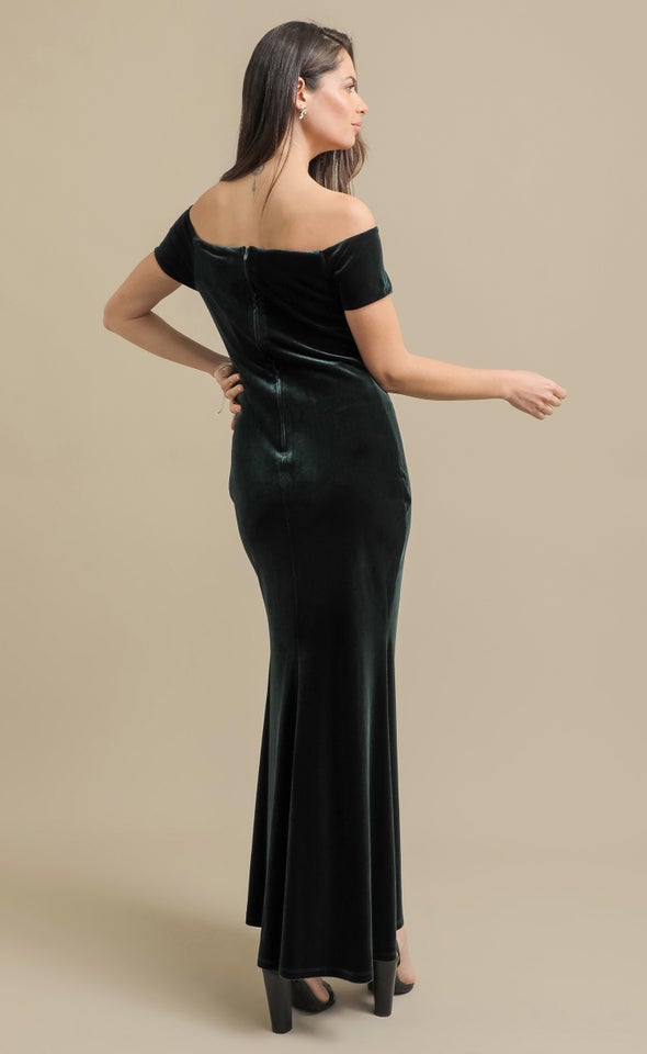 Velvet Off The Shoulder Gown Emerald