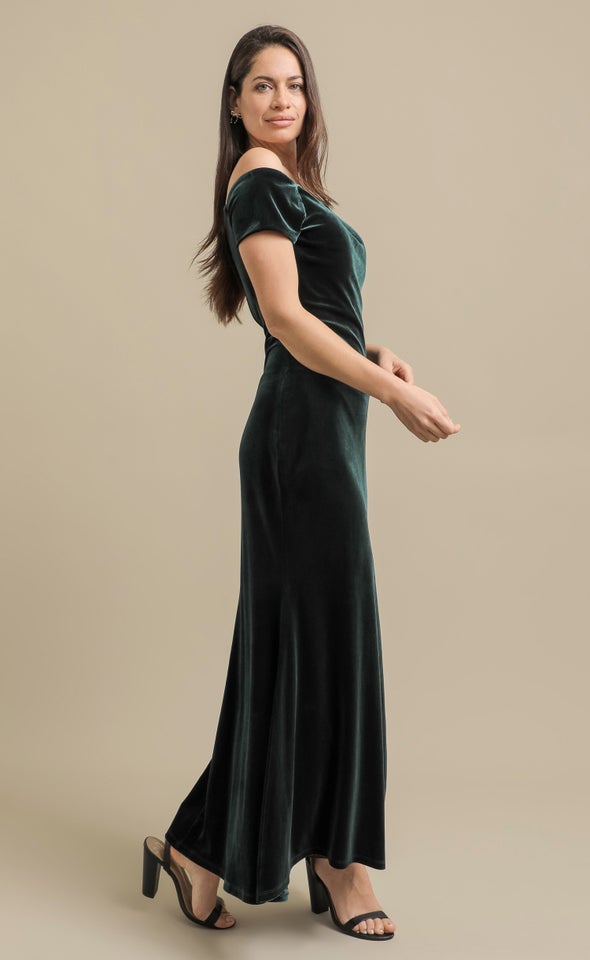 Velvet Off The Shoulder Gown Emerald