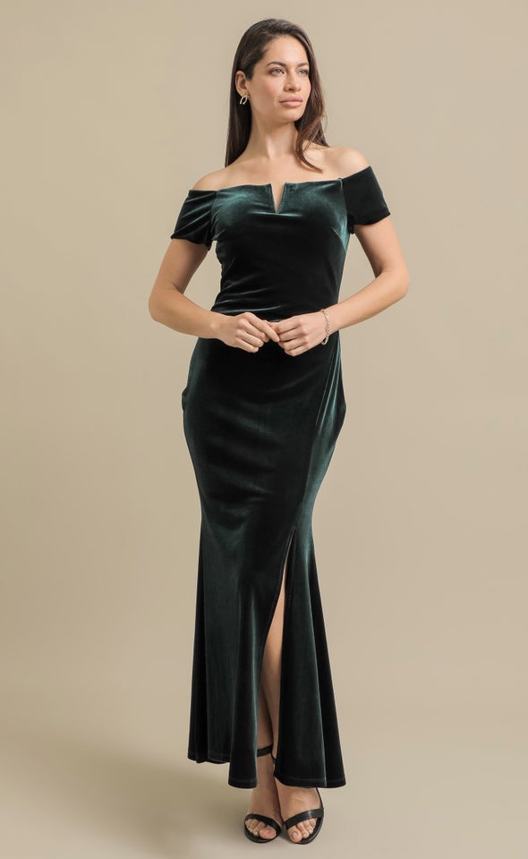 Velvet Off The Shoulder Gown Emerald