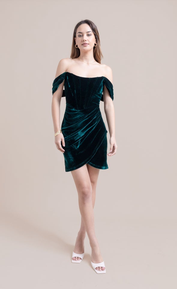 Velvet Pleated Corset Dress Emerald