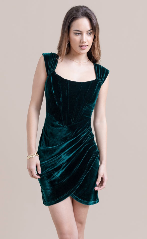 Velvet Pleated Corset Dress Emerald