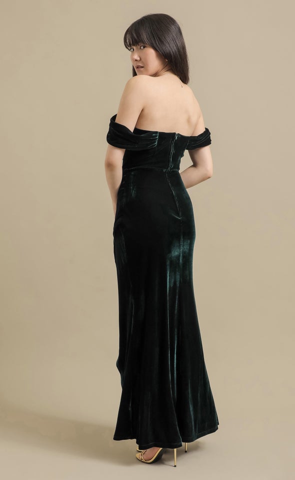 Velvet Pleated Corset Gown Emerald