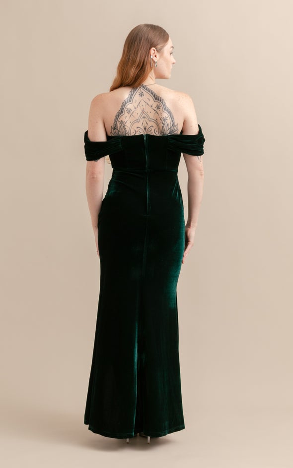 Velvet Pleated Corset Gown Emerald