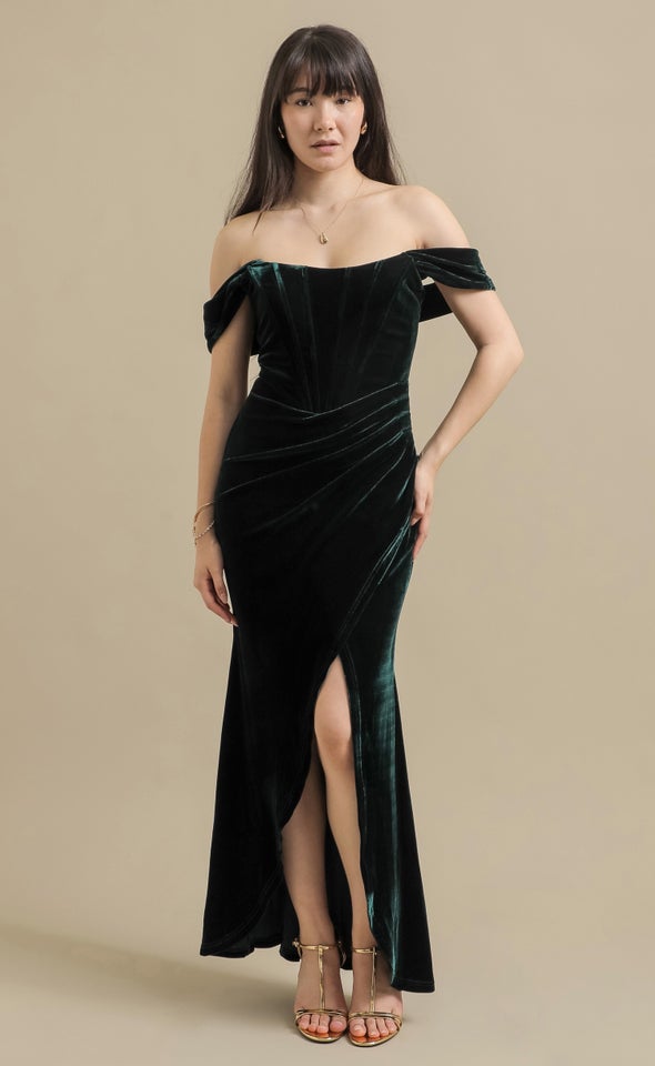 Velvet Pleated Corset Gown Emerald