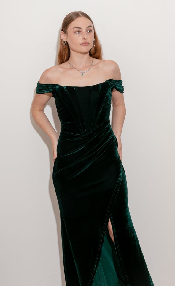 Velvet Pleated Corset Gown Emerald