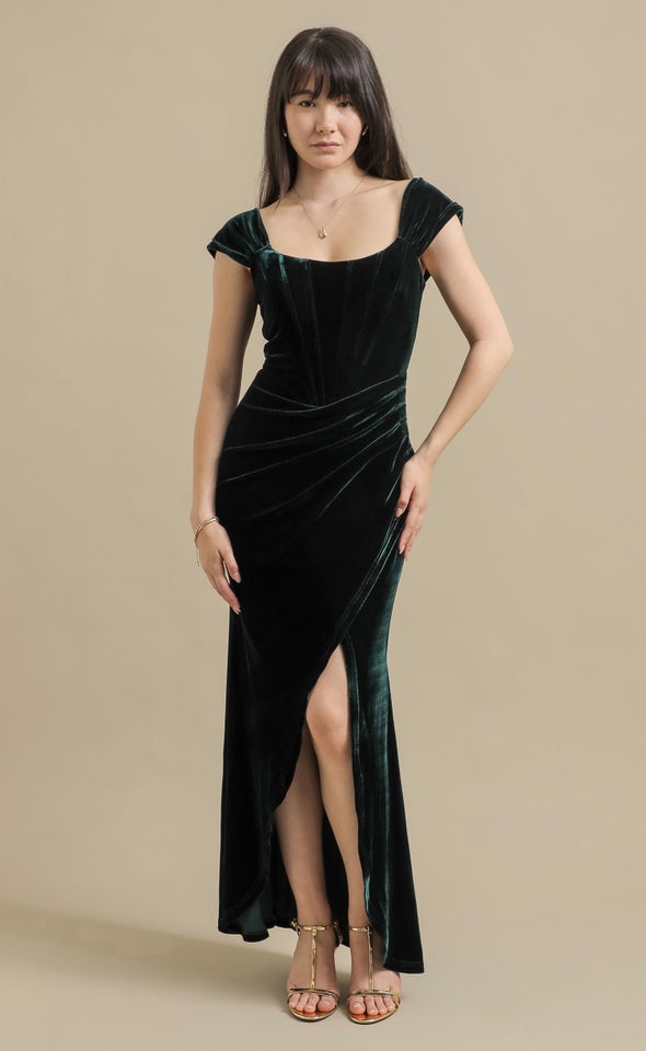 Velvet Pleated Corset Gown Emerald