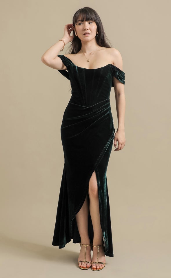 Velvet Pleated Corset Gown Emerald
