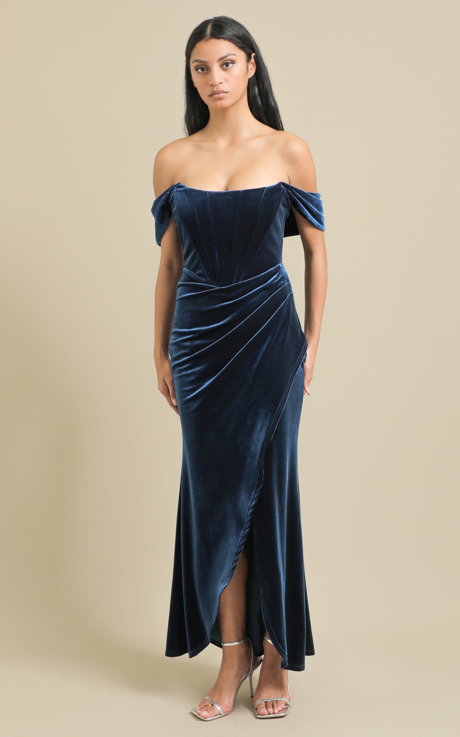 white christmas dresses Draped Shoulder Velvet Corset Midi Dress - Black