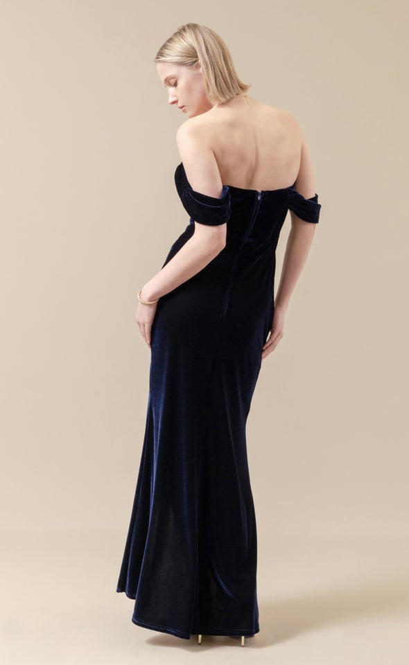 Velvet Pleated Corset Gown Navy