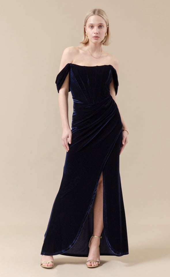 Velvet Pleated Corset Gown Navy