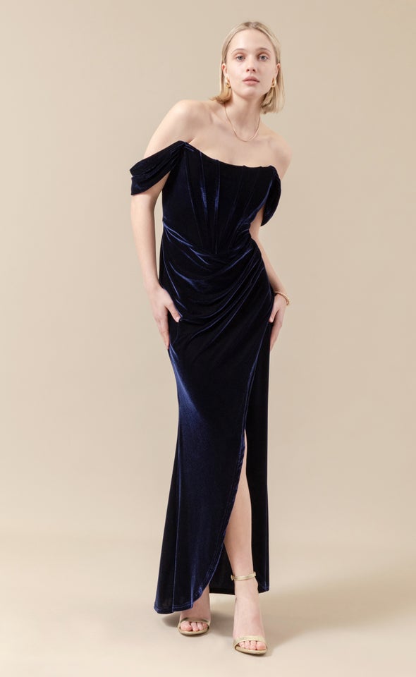 Velvet Pleated Corset Gown Navy