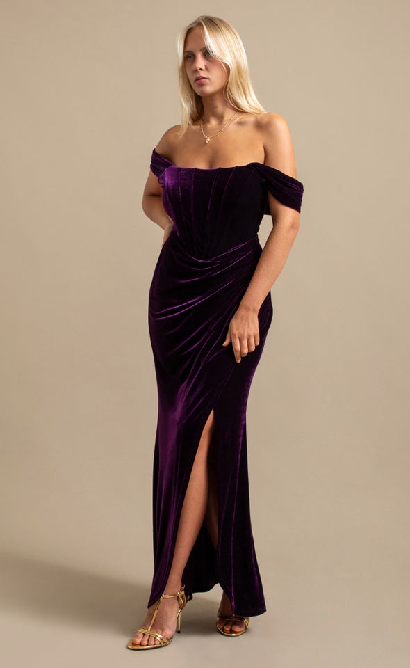 Velvet Pleated Corset Gown Purple