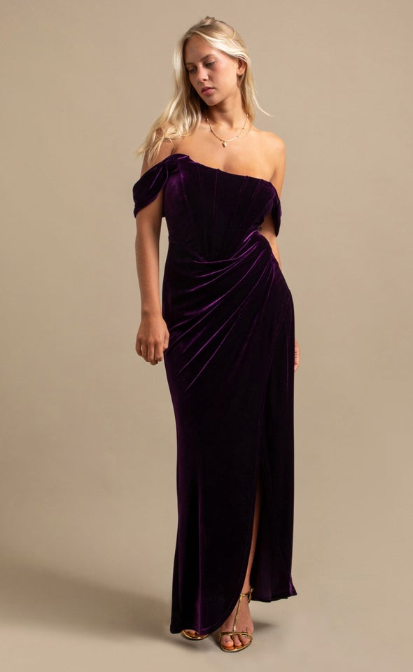 Velvet Pleated Corset Gown Purple