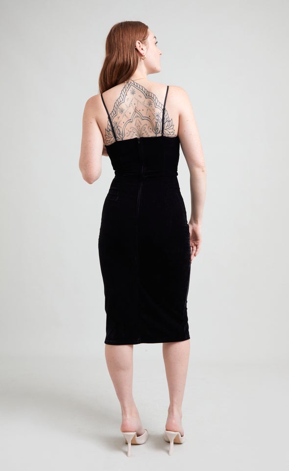 Velvet Ruched Strappy Dress Black