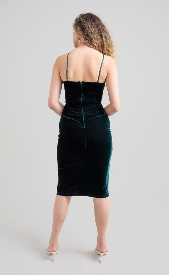 Velvet Ruched Strappy Dress Emerald