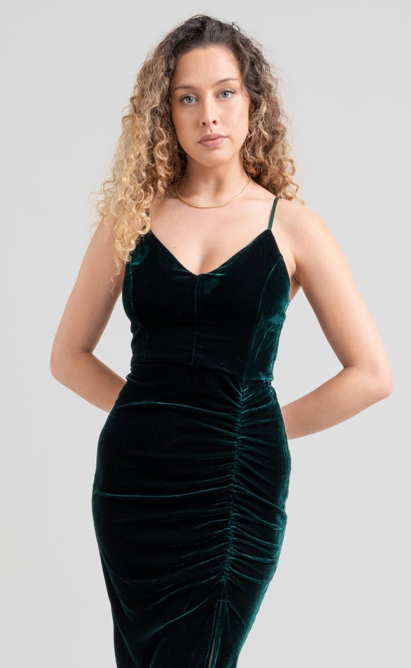 Velvet Ruched Strappy Dress Emerald
