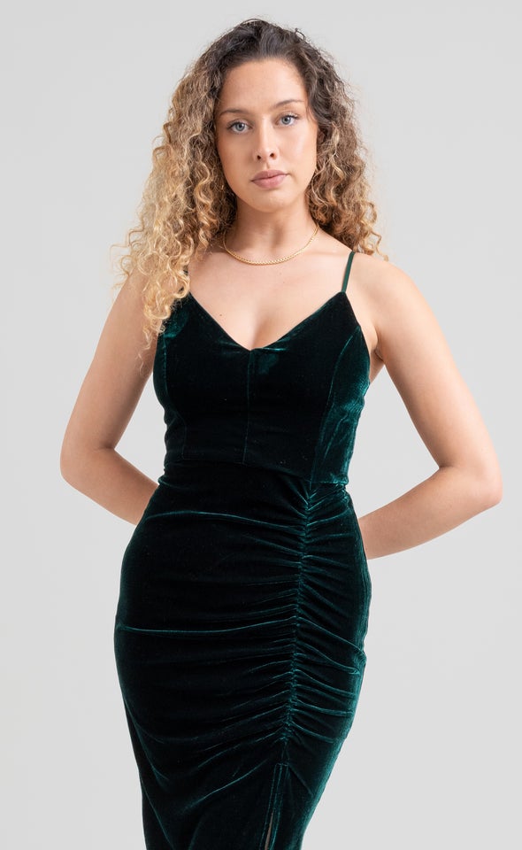 Velvet Ruched Strappy Dress Emerald