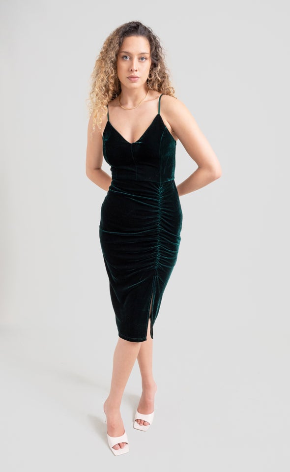 Velvet Ruched Strappy Dress Emerald