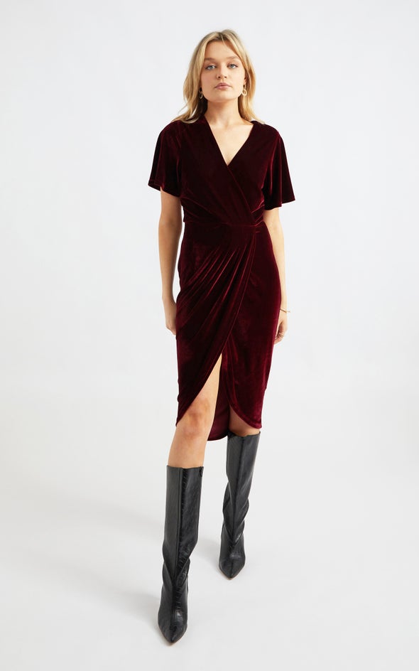 Velvet Tulip Hem Wrap Dress Maroon
